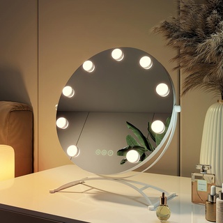 EMKE Hollywood Spiegel rund 40cm mit 3 Lichtfarben dimmbar, Schminkspiegel mit Beleuchtung 360° Grad drehbar mit 9 LED Lampen, Speicherfunktion Schminkspiegel für schminktisch Weiß