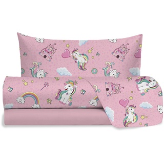 Hermet Jolly Bettwäsche-Set für Einzelbett, Einhorn, 100% Baumwolle, Bettlaken + Spannbettlaken + Kissenbezug, rosa Bettwäsche für Kinderzimmer