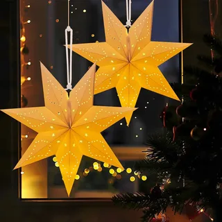 Weihnachtsstern Beleuchtet, 2 Stück 3D Papiersterne Weihnachten, Leuchtsterne Weihnachten, Led Stern Aufhängen als Fensterdeko, Weihnachtsdeko, Kinderzimmer Deko