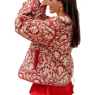 Vagbalena Damen Y2k Blumen Kurze Stepp Jacke Winter Pullover Kurz Jacke Bunt Bedruckte Strickjacke Leichte Diamant-Karierte Jacke Mantel (Rot,M) - M