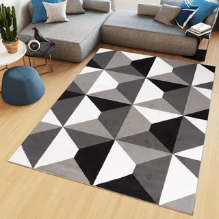 TAPISO Maya Teppich Kurzflor Grau Schwarz Geometrisch Vierecke 140 x 200 cm