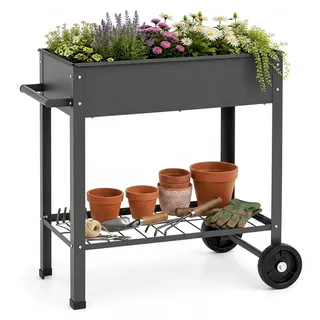 COSTWAY Hochbeet Metall, erhöhtes Gartenbeet mit Rollen, Ablage (Grau) | Kräuterbeet mit Griff & Ablauflöchern, Gemüsebeet für Balkon Garten Terrasse, Pflanzkasten Blumenkübel, 88 x 37 x 80 cm