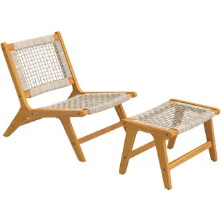 Gartensessel Mit Hocker 2-teilig Fsc Akazienholz Outdoor Loungesessel Mit Rattan-sitz Boho-stil Verstellbare Füße