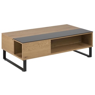 VCM Allan Couchtisch mit Hebe/Senkefunktion und Aufbewahrung in Eiche Furnier und schwarzen Glas.
