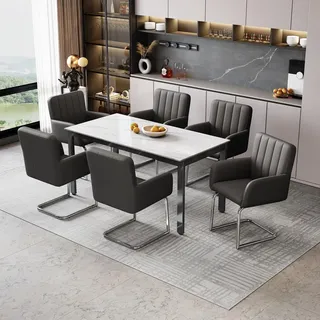 Flieks Polsterstühle 6er Set, Esszimmerstühle Freischwinger 6er Set, Besucherstühle Arbeitsstühle mit Armlehnen und Metallbeinen, PU, Schwarz B... - Schwarz