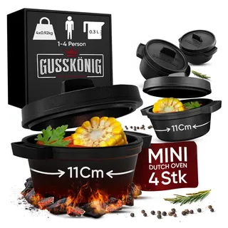 GUSSKÖNIG Dutch Oven Set Mini - 4x 300ml Gusseisen Mini Topf mit Deckel - bereits eingebrannter Mini Dutch Oven - Mini Cocotte Gusseisen Servierpfännchen - inkl. Rezeptbuch - 30 Jahre Garantie