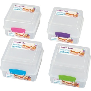 Sistema Lunchbox Cube to go 3fach unterteilt 14,5x15x9,6cm farbig sortiert, Vorratsdosen + Lunchbox, Pink, Transparent