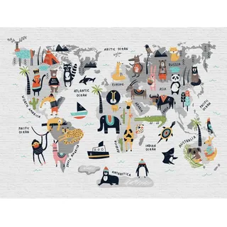 Bricoflor Kindertapete Mit Weltkarte Mauer Tapete Mit Tieren Für Kinder Bunte Vliestapete In Steinoptik Mit Landkarte