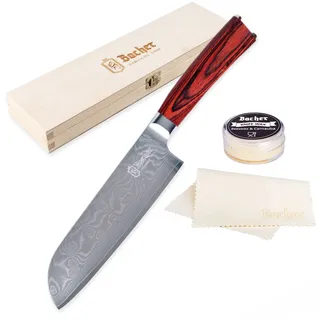 Bacher Santoku Damastmesser 18 cm - Damast Küchenmesser Geschmiedet aus 67 Legen AUS 10V - Profi Scharf Kochmesser aus Echter Japanische Damaststahl mit Pakka holzgriff - Damaszener Santoku Messer Set