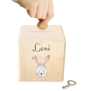 wunderwunsch Personalisierte Kinderspardose, Spardose Junge, Mädchen | Holzspardose Kinder personalisiert, Taufgeschenke für Kind, Baby Geschenk Geburt, Holz Sparschwein mit Schlüssel