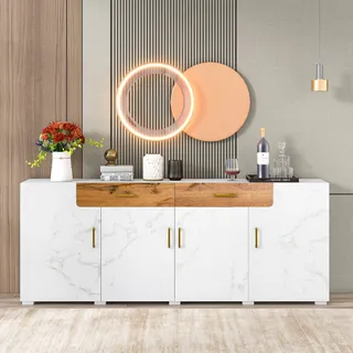 Merax Sideboard Aufbewahrungsschrank, Moderne Anrichte mit 4 Türen und 2 Schubkästen, Lagerschrank Beistellschrank mit Viel Stauraum, Buffets für Esszimmer Wohnzimmer Küche, Weiß, 208 x 39.5 x 80 cm