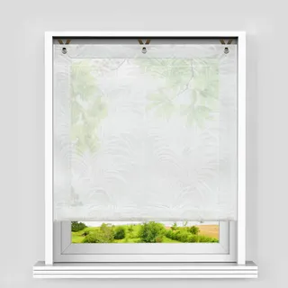 Heichkell Voile Ausbrenner Raffrollo Transparente Raffgardine mit V-Haken Weiße Ösenrollo ohne Bohren Blättermotiv Weiß BxH 45x130cm