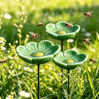 Blume Bienentränke für den Garten | 3 Stück Keramik Blumen Insektentränke auf Stab | 27CM Blume Gartenstecker Vogeltränke Stehend Süße | Kreative Blumen Vogelbad Garten für Gartendeko Draußen