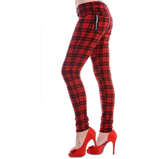 Röhrenhose Karo Hose Damen Karierte Hosen Punk Emo Alternative Mode, Rot, XL - XL