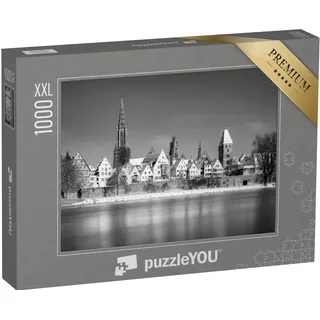 Puzzle 1000 Teile XXL „Blick auf ULM mit Münster und Donau bei Schnee, Schwarz-Weiß“ – aus der Puzzle-Kollektion Donau, Ulmer Münster