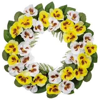 Arborus Künstlicher Kranz Künstliche Stiefmütterchen Kunstblumen Frühling Deko Türkranz Wandkranz Gelb Künstliche Blumenkranz Dekokranz für Tür Wand Tisch Fenster Eingang Deko im Zimmer Büro Hotel