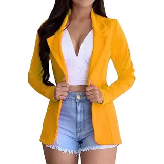 ORANDESIGNE Damen Blazer Cardigan Elegant Langarm Sakko Einfarbig Leicht Bolero Jacke Blazer Slim Fit Anzug Trenchcoat Revers Geschäft Büro Kurz Mantel A Gelb 42 - 42