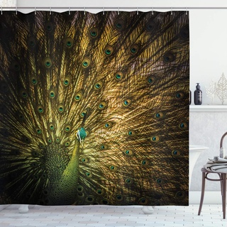 ABAKUHAUS Pfau Duschvorhang, Exotische dunkle Federn, Stoffliches Gewebe Badezimmerdekorationsset mit Haken, 175 x 180 cm, Mustard Grün