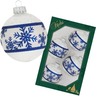 Krebs Glas Lauscha Weihnachtsbaumkugel Schneeflockenband (4 St), Weihnachtsdeko, Christbaumschmuck, Christbaumkugeln aus Glas weiß