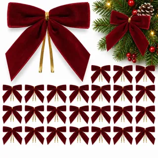 Nurila 24 Stück Weihnachtsbaum Schleifen, Bordeauxrot, Weihnachtsbaum Deko | 9*9 cm, Weihnachtsschleifen Mit Twistties, Samt Christbaumschmuck, Adventskranz Deko, Geschenkdeko, Tür- & Fensterdeko