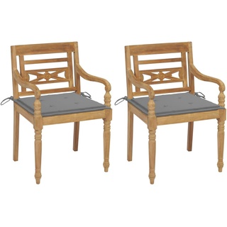 |NEW 2023|Camping & Gartendesign Komfortable Holzstühle Batavia-Stühle 2 Stk. mit Grauen Kissen Teak Massivholz,im skandinavischen Stil