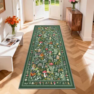 Geanup Teppich Läufer Flur 80x200 cm, Grün Küchenläufer Waschbar rutschfest, Weicher Schlafzimmer flurläufer, Märchen-Pilz Flurteppich für Korridor Waschküche Wohnzimmer Kinderzimmer