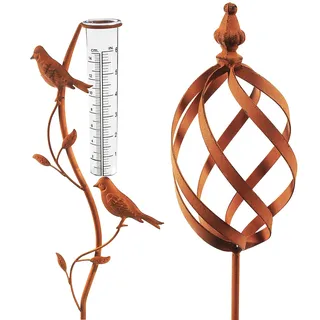 Kobolo Gartenstecker Rusty Bird + Rusty Marble, Set, 101 cm, Metall, in Rostoptik, Vogelmotiv mit Regenmesser für Garten, Terrasse, Balkon & Außenbereich
