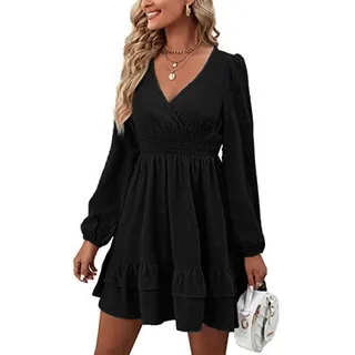 BKEPDY Damen Langarm Kleid V-Ausschnitt Wickelkleid Tunika Kleider Partykleid Sexy Casual Midikleid Elegant Rüschenkleid Kurz Festliche Hochzeit Abendkleider - S