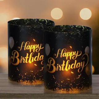 12 Stück Happy Birthday Windlicht Tischdeko Geburtstag Deko Mini Kerzen Dekoration Teelichter Lichthülle Teelichthalter Kerzenhalter Party Geschenk Geburtstagsdeko Tischdekoration (Schwarz-Gold)