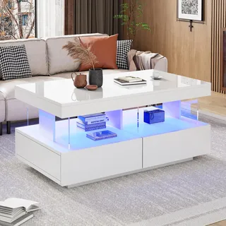 Merax Couchtisch Hochglanz mit LED, Moderner Wohnzimmertisch mit Stauraum Schubladen, Multifunktionaler Beistelltisch für Wohnzimmer, rechteckiger Mitteltisch, Sofatisch, Coffee Table, für Büro, Weiß