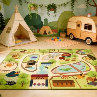 PECAN BUN Kinder Teppich Spielteppich Straßen Maschinenwaschbar Kurzer Flor Pädagogischer Spielteppich, rutschfest Autoteppich Junge Mädchen für Schlafzimmer & Spielzimme (Zoo, 140x200 cm)