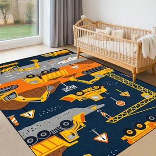 SMXVRC Bagger Teppich für Kinder, 80x150cm, Marine Blau Baustelle Bagger Kran Gedruckt Teppich, Jungs Schlafzimmer Weich Faltbar Knitterfrei Matte für Boden Heim Dekor