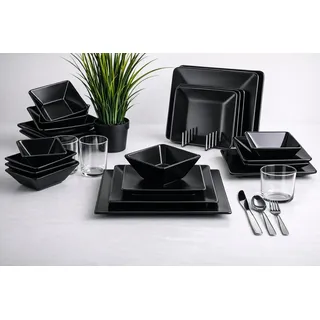 Keramika Siera Matt Schwarz Tafelservice Set 24Teilig 6 Personen Suppenteller-Flache Essteller-Dessertteller-Tafelservice -Kombiservice Porzellan schwarze teller steingut geschirr
