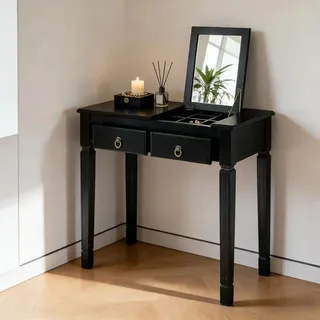 Padma House 80 Cm Schminktisch Mit Spiegel, Make-up-tisch Für Die Schönheitsecke, Vintage-holzschreibtisch, Heimarbeitsplatz Aus Massivholz In Kastanienoptik (schwarzer Schminktisch)