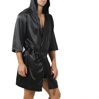 Herren-Bademantel mit Kapuze, Satin, Seide, Pyjama, Nachtwäsche, für den Heimgebrauch (XL Schwarz)