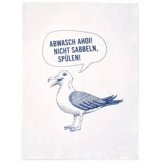 Bow & Hummingbird Geschirrtuch Geschirrtuch Abwasch Ahoi Möwe aus Baumwolle – maritim, 95°C, (1x maritimes Küchentuch mit Spruch 50x70cm), in Deutschland gefertigt blau|weiß