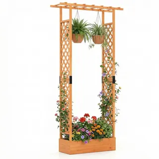 COSTWAY Blumenkasten mit Rankgitter, Pflanzkasten mit Rankhilfe & hängendem Dach, Hochbeet für Kletterpflanzen & hängende Körbe, Sichtschutz Pflanzkübel, für Garten Hof Terrasse (110x35x227 cm,Orange)