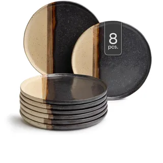 Dessertteller - Ø 19,5 cm - Schwarz - Braun - Keramik - matt - 8er Set