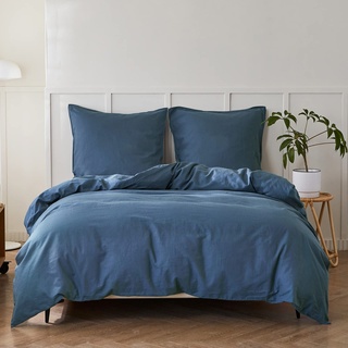 Simple&Opulence Halbleinen Bettwäsche 155x220, Atmungsaktiver Bettbezug Set aus Baumwolle und Leinen mit 80x80 cm Kissenbezug,Oeko-TEX Sommerbettwäsche,Marineblau