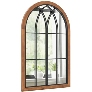 HOMASIS gewölbter Wandspiegel mit Fensteroptik, 60 x 90 cm groß, dekorativer Bogen-Spiegel mit Holz & Metallrahmen, Hängespiegel Vintage, Fensterspiegel Dekospiegel Retro für Flur Wohnzimmer, Natur