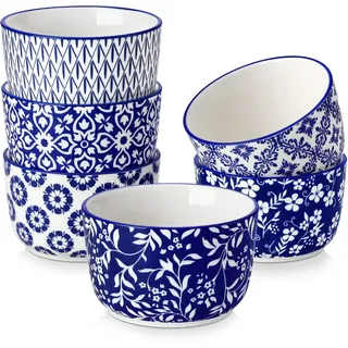 Creme Brulee Schälchen 6 Stück, vancasso SELENE Souffle Förmchen Backofenfest 240ml, Ofenfeste Förmchen Ø 10cm, Ragout Fin Schalen aus Porzellan, Mikrowellenfest und Spülmaschinenfest, Blau-weiß