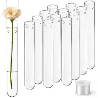Forhandy 12 Reagenzgläser Vase mit Loch zum Aufhängen 20 x 150mm | Blumen Deko Hängevase Kleine Blumenvase Reagenzglas mit 7.6m Aufhängungslinie für Hochzeitsdeko Fensterdeko Wohndekoration