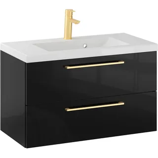 Furni Rosen 80 cm Hängend Waschbecken mit Unterschrank und Stilvollen und Goldenen Griffen Waschbeckenunterschrank Badezimmer Waschtisch mit Unterschrank Waschtischunterschrank