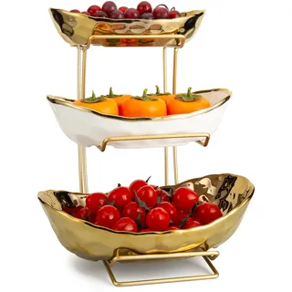 XUDREZ Obst Etagere mit 3 Etagen Obstschalen aus Keramik, Platzsparendes Obstkorb Etagere für die Familie - Moderne Obstschale, Geeignet für Gemüse, Obst, Snacks, Süßigkeiten (Gold)