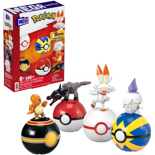 MEGA Pokémon Feuer-Typ Trainerteam - 4 bewegliche Pokémon mit Pokébällen, inklusive Lichtel, Glumanda, Hopplo und Molunk, für Kinder ab 6 Jahren, HTJ06