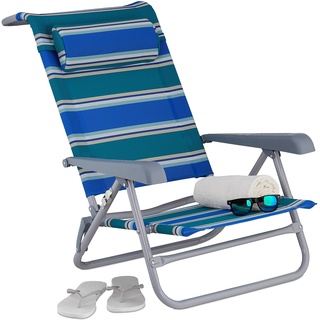 Relaxdays Liegestuhl klappbar, verstellbar, Strandstuhl mit Nackenkissen, Armlehnen & Flaschenöffner, blau/grün/weiß, Aus Textilene & Stahl gefertigt, 1 Stück