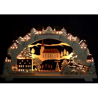 Großer 3D Schwibbogen 68cm Weihnachtsdorf mit Zug Handwerkskunst aus dem Erzgebirge, Lichterbogen mit Eisenbahn