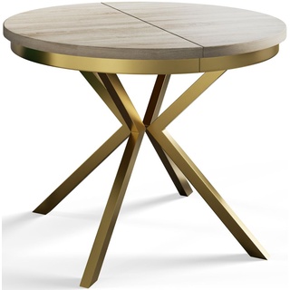 Runder Esszimmertisch BERG, ausziehbarer Tisch Durchmesser: 90 cm/170 cm, Wohnzimmertisch Farbe: Beige, mit Metallbeinen in Farbe Gold