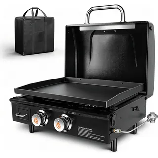 GFTIME Tischgasgrill mit 2 Brenner, Grillplatte Plancha Gasgrill mit flacher Oberseite Grillplatte Propangrill mit Tragetasche 22 Zoll, 48.000 BTU, Keramik-antihaftbeschichtete Grillplatten mit Haube