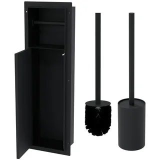 HAGO24 WC Modul Edelstahl Schwarz Einbauschrank Unterputz Wandnische 200x600mm Toilettenpapierhalter Bürstenhalter Push-to-Open befliesbare Tür - Schwarz